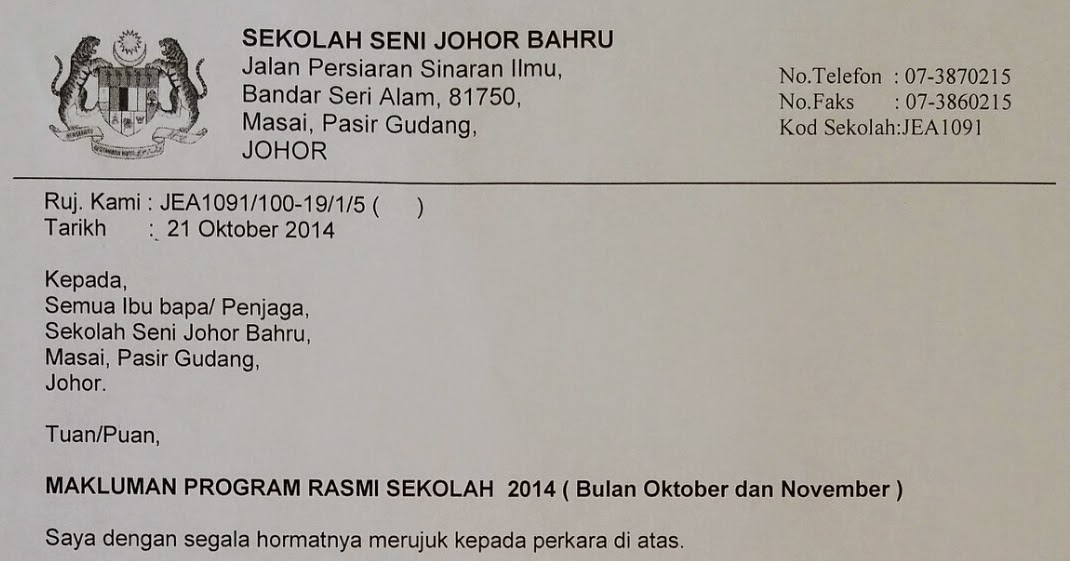 SURAT MAKLUMAN IBU BAPA BERKAITAN PROGRAM SEKOLAH 2014 