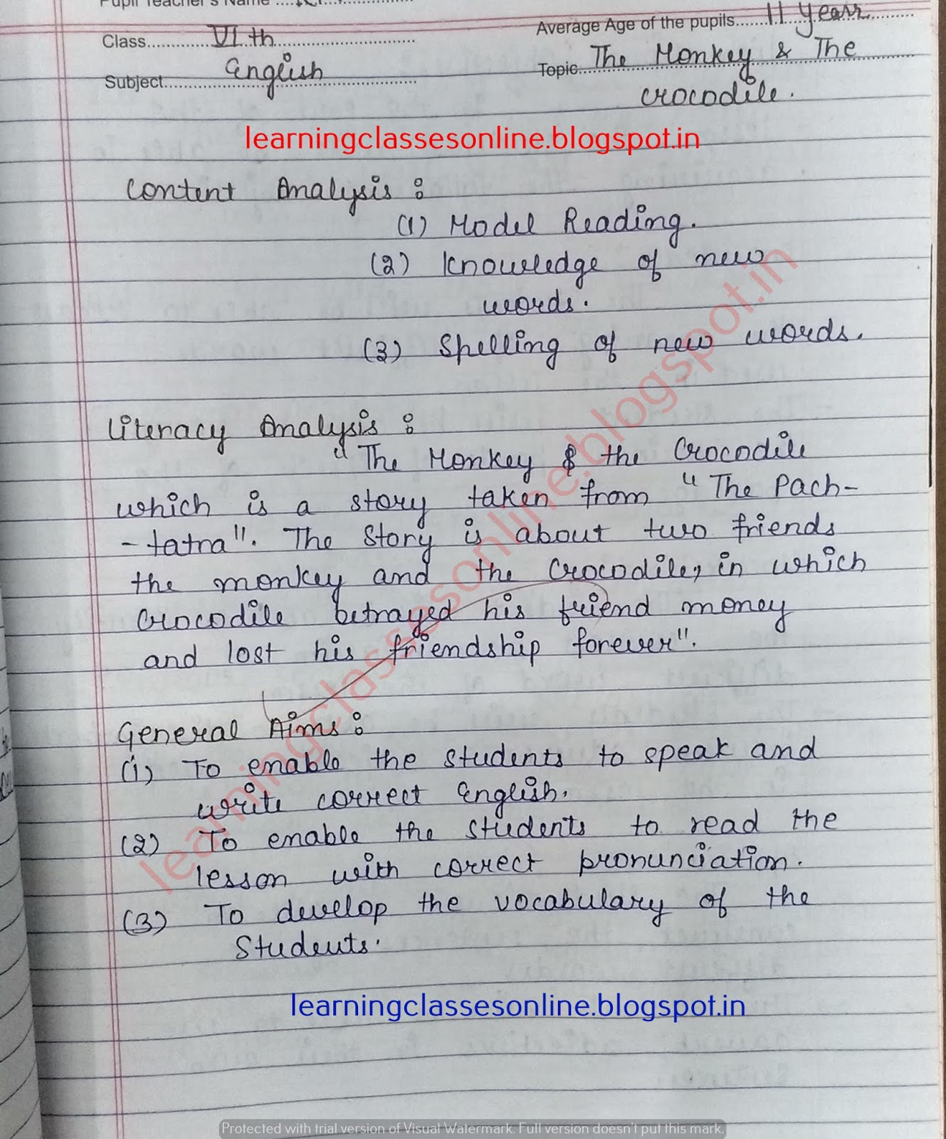 Lesson Plan on The monkey and the crocodile for class 6 teachers lesson plans of english for class and grade 6 th teachers free download on the monkey and the crocodile story