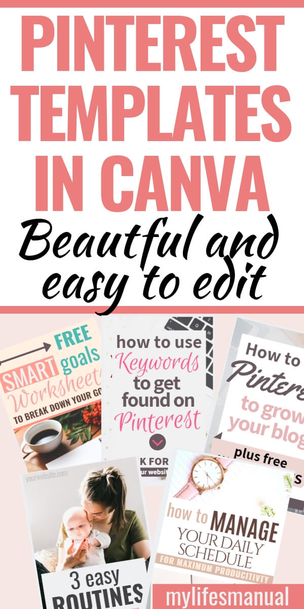Pinterest Templates In Canva. Create multiple pins in just minutes using these Feminine and easy to edit Pinterest templates in Canva so you can increase your blog traffic and boost your blog page views using Pinterest. Customize these pin graphics to make Pinterest pins so you can create fresh contents for Pinterest without writing and publishing new posts. Using Pinterest templates, bloggers and online entrepreneurs will save a lot of time making fresh contents while growing their blog. #blog Pinterest Templates in Canva