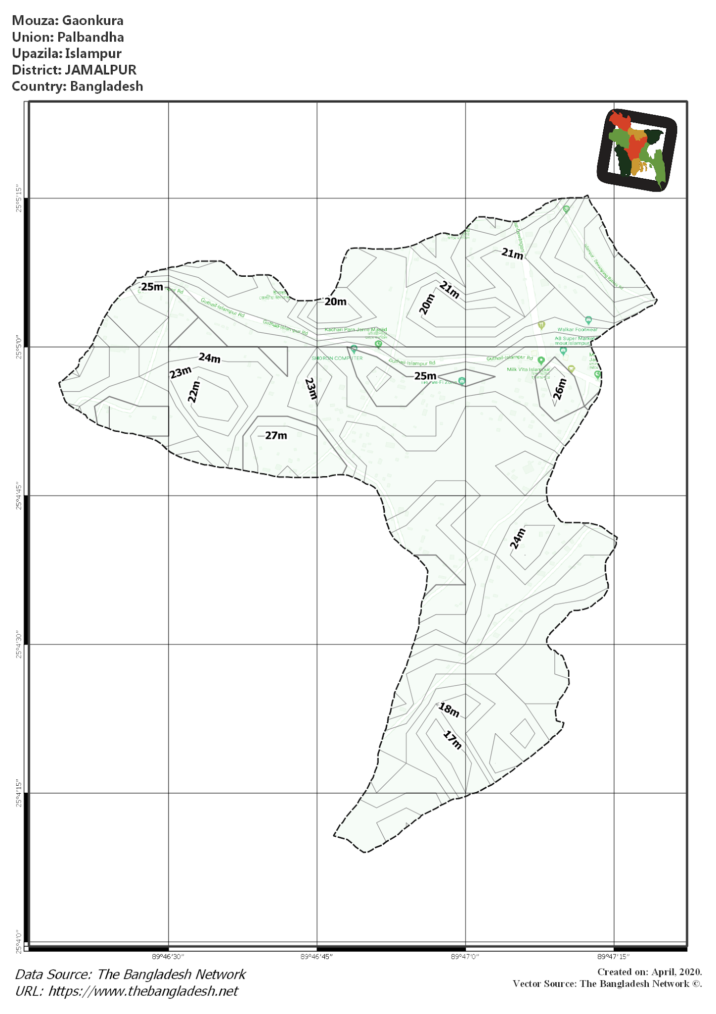 Map of Gaonkura Mouza of Islampur Upazila, JAMALPUR, Bangladesh.