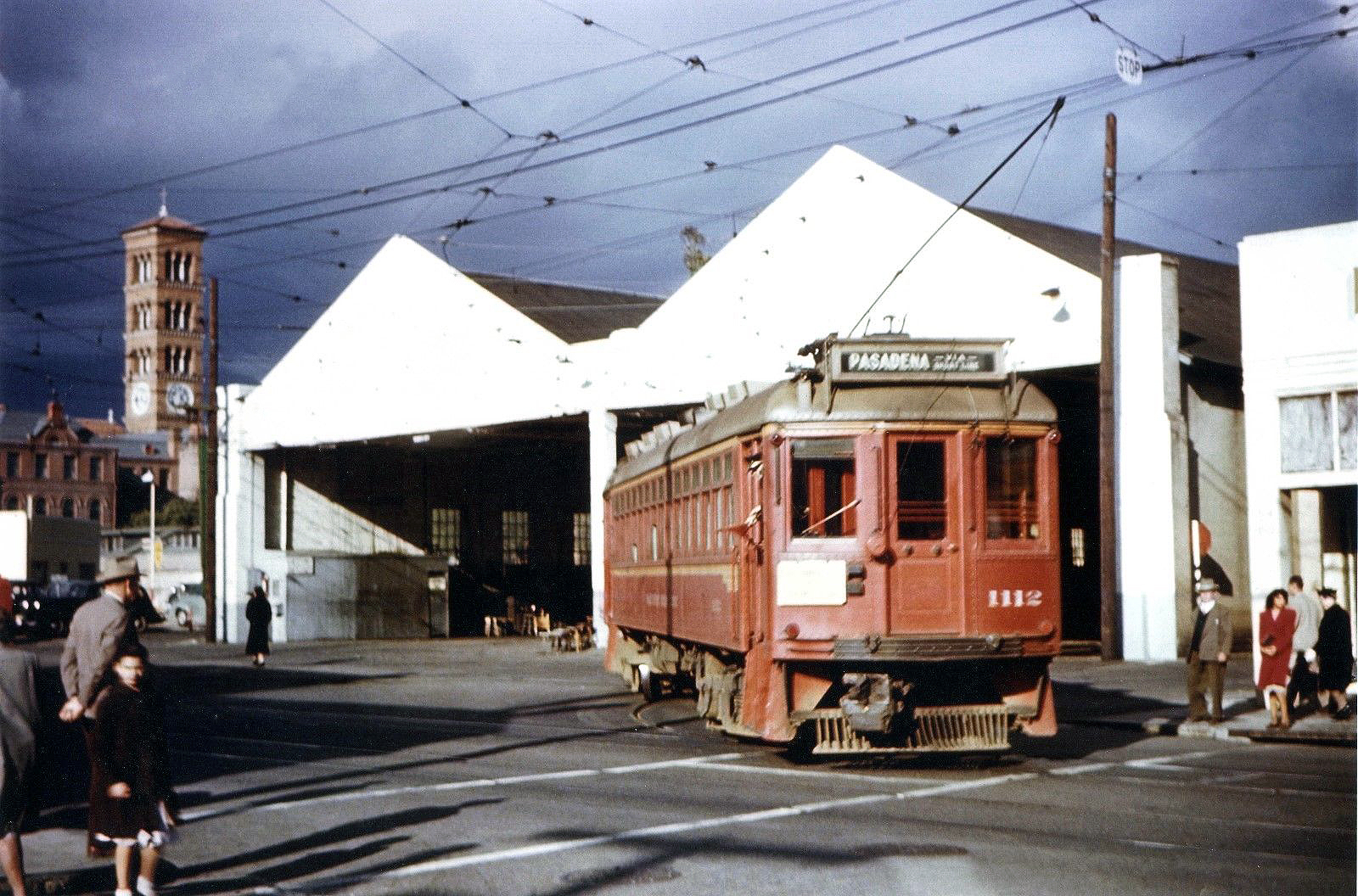 transpress nz Pacific Electric car at the Pasadena car barn, circa 1950