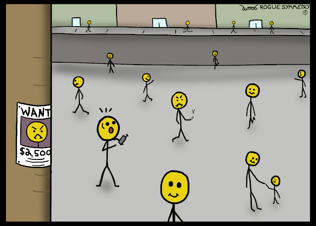 comic smiley face people sees frowning face guy from wanted poster and calls 911