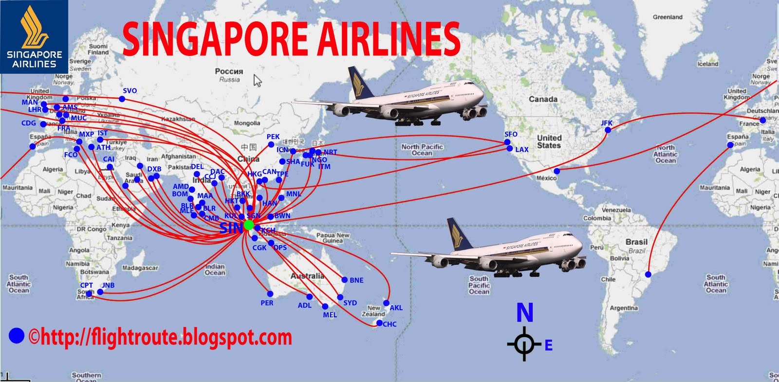 transportspot Singapore Airlines routes map