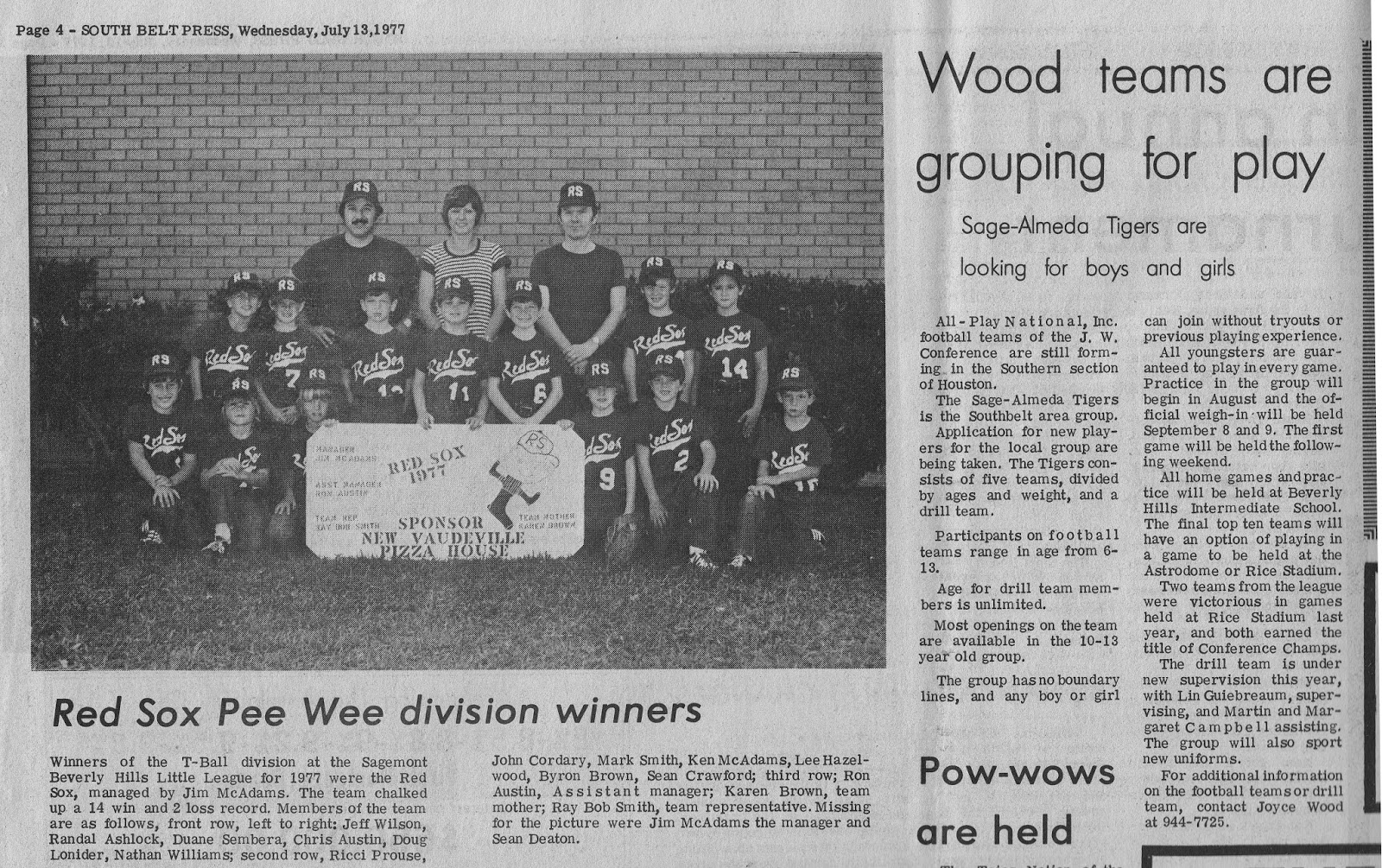 South Belt Houston Digital History Archive July 1977 Baseball League