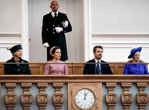 Queen Margrethe, Crown Prince Frederik and Princess Benedikte. Crown Princess Mary wore Claes Iversen coat