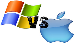 colored microsoft vs blue apple logo