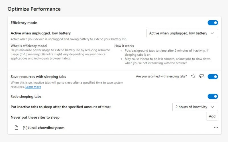How to enable or disable Efficiency Mode in Microsoft Edge
