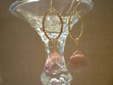 Light Rose Swarovski pendants dangling from a thick textured 14K gold filled links