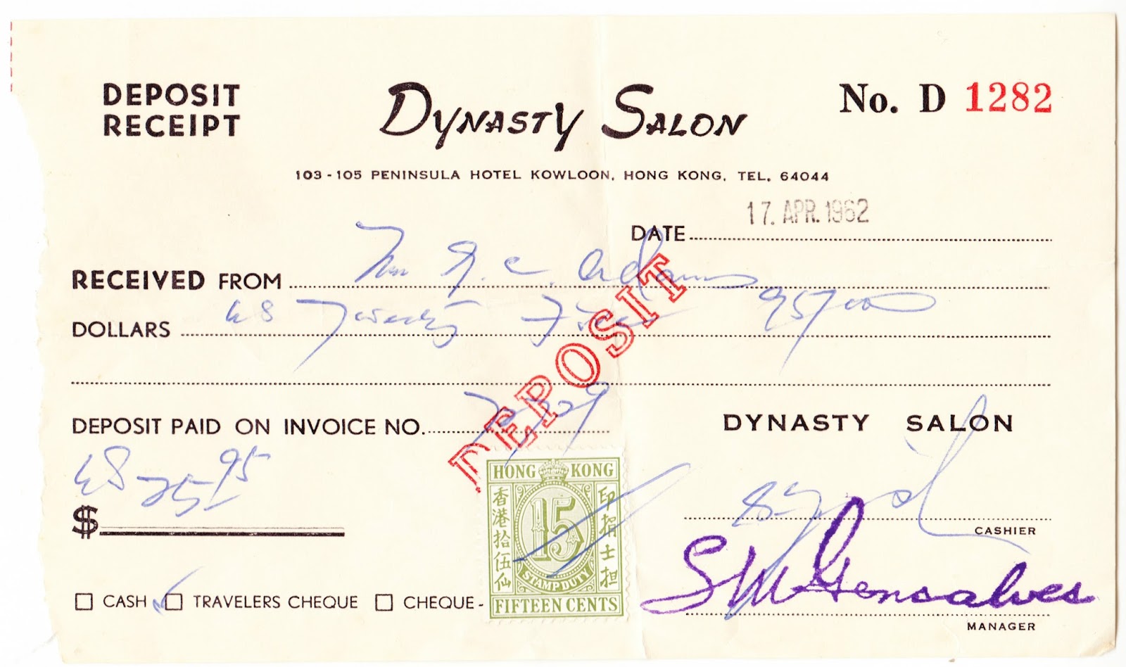 Papergreat: 1962 receipt from Dynasty Salon in Hong Kong