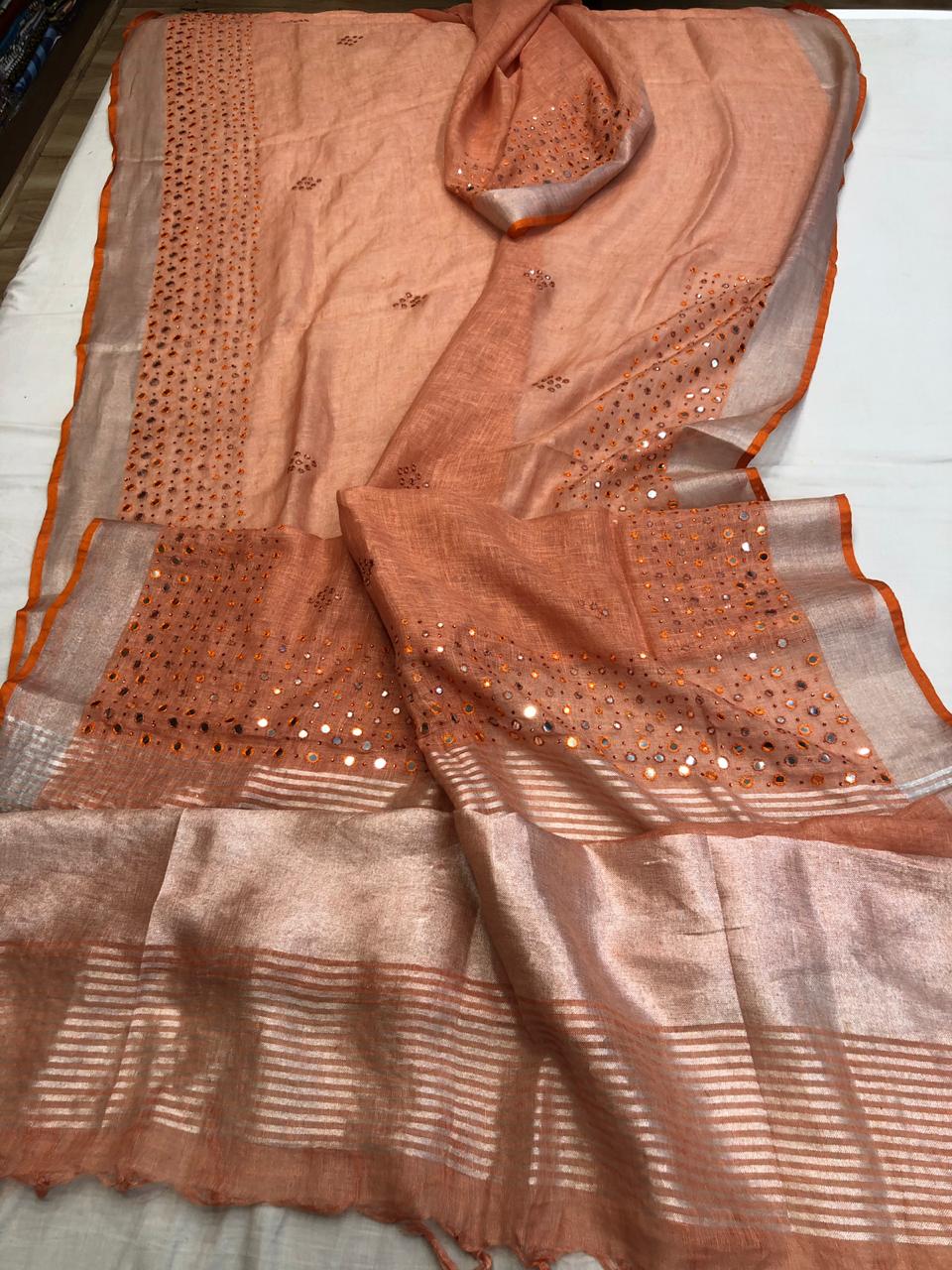 Designer Lenin Mirror Work Sarees