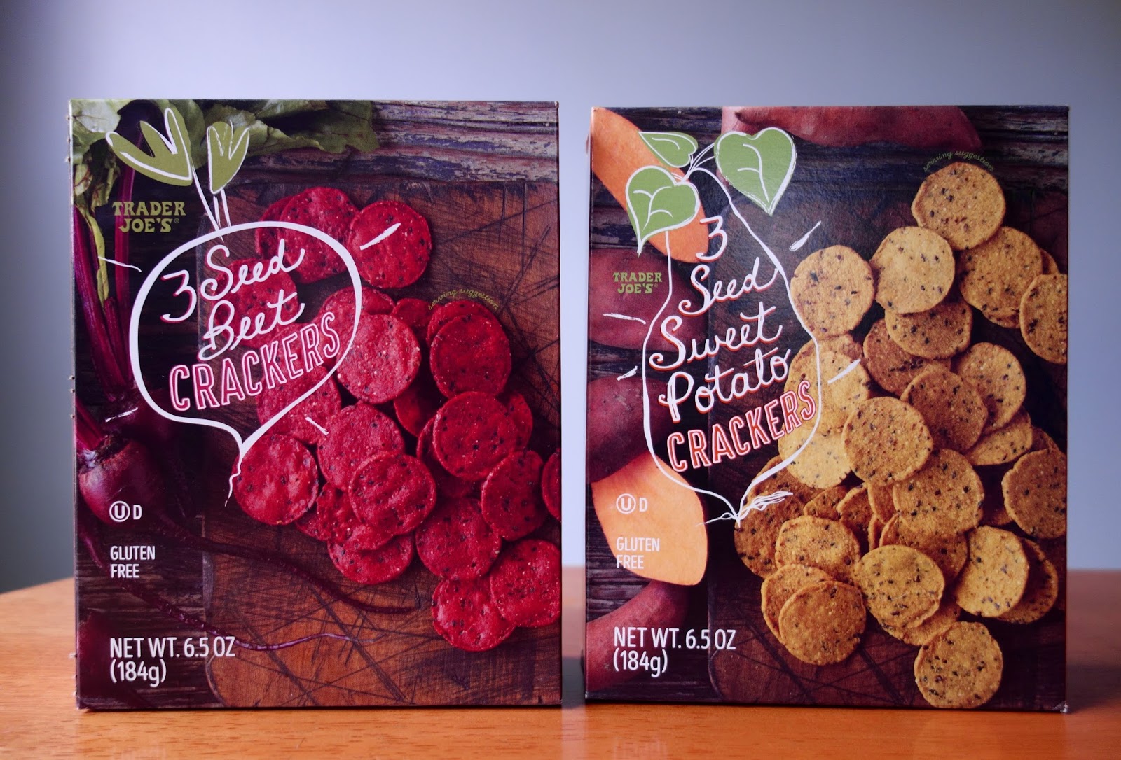 Trader Joe's 3 Seed Beet Crackers and 3 Seed Sweet Potato Crackers