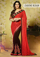 zarine khan, gorgeous indian actress zarine khan looking fabulous in red and black saree with lovely finger ring
