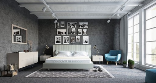 Moderne-schlafzimmer-grau-Design-mit-betonwände-inklusive-dekorative-Bilderrahmen-und-bequeme-Lederbett-1024x547