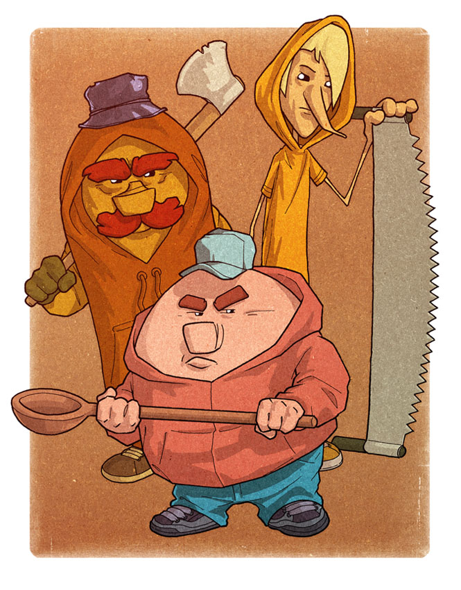 Drei Holzfäller Strohhalm Blase Bastschuh Markus Bülow Illustration: Die 3 Holzfäller - Artwork