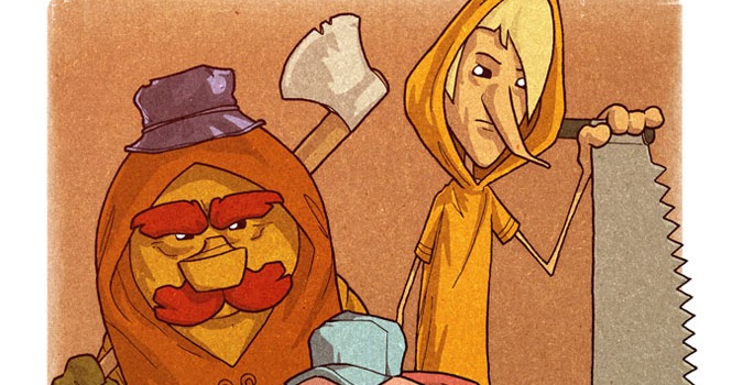 Drei Holzfäller Strohhalm Blase Bastschuh Markus Bülow Illustration: Die 3 Holzfäller - Artwork