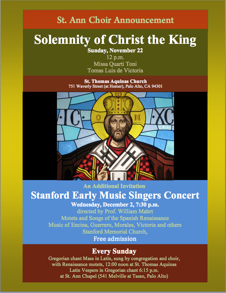New Liturgical Movement Victoria Mass for OF Christ the King in Palo Alto