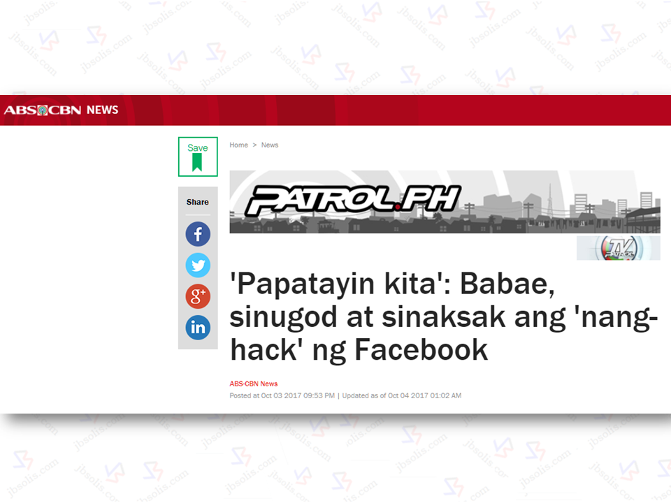 A lady stabbed another lady who allegedly hacked her social media account and posted obscene photos of her  with his boyfriend.  Before it happened, Camille Paras, 24, sent threatening words via messenger video to Sheena Sayo, 18, at around 5 in the afternoon last September 30. Paras was accusing Sayo of hacking her Facebook account and posted lewd photos of her with the latter's ex-boyfriend. Paras kept her threat after a few minutes. She went to Sayo's place  and confronted the lady. Everything was caught in CCTV installed at Barangay 464 Sampaloc, Manila. In the CCTV footage, Sayo was seen walking in the alley going out. That's where Paras followed  and attacked her.  Sponsored Links  Paras grabbed Sayo's hair and thats where the catfight commenced. Some neighbors tried to stop them but they failed.  At the height of the brawl, Paras drew a butterfly knife and thrown trusses and stabbed Sayo at her back. Paras again threw another truss and hit Sayo's front torso. The victim was brought to Jose Reyes Medical Center for immediate treatment while the suspect fled the scene but got arrested eventually. The victim strongly deny the allegation of hacking and posting of the photos. The suspect has been inquested  and facing frustrated murder Source: ABS-CBN News