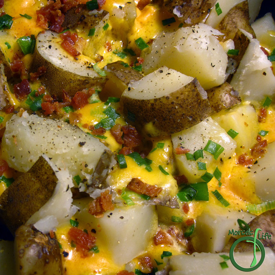 Morsels of Life - Cheddar Bacon Potatoes - Creamy potato chunks flavored up with cheddar cheese, green onions, and bacon bits.