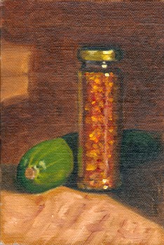Oil painting of a zucchini beside a tall jar of dried chillies.