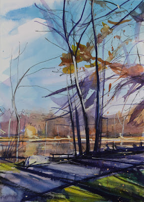watercolor painting of a tree by a lake