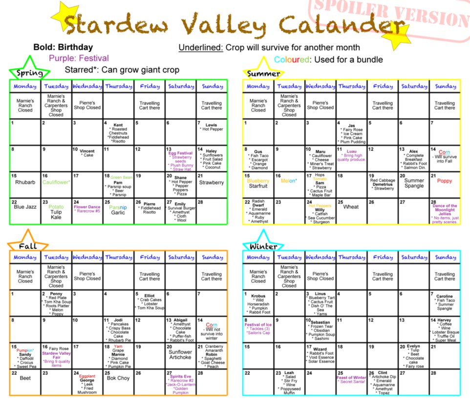 Stardew Birthday Calendar Printable Calendar Stardew Birthday Calendar Printable Calendar