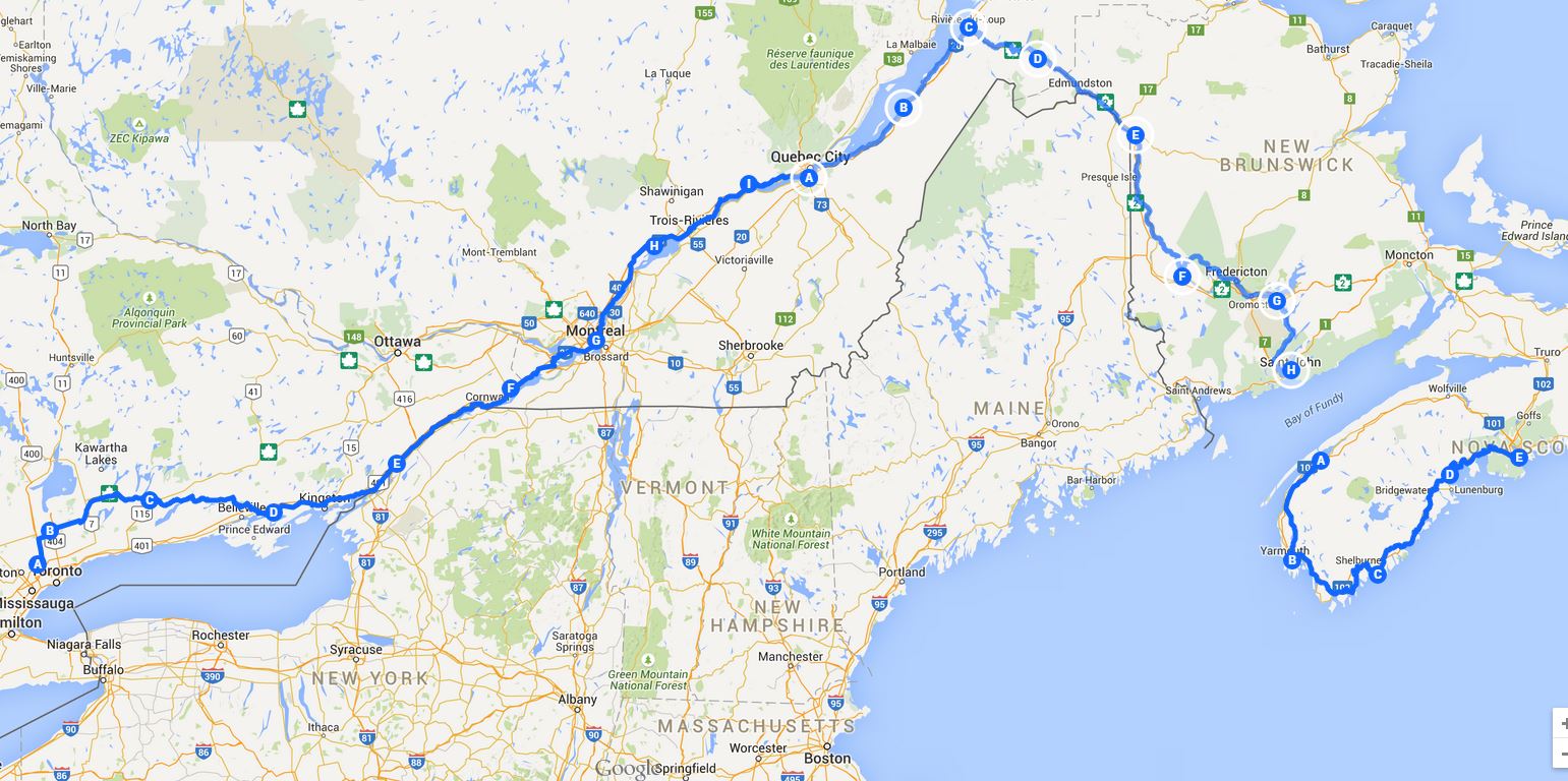 Cycling Toronto to Halifax : 2015: Planned Route