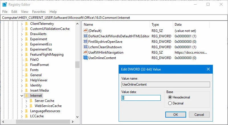 Registry settings to set the UseOnlineContent value to block signing into Office 365