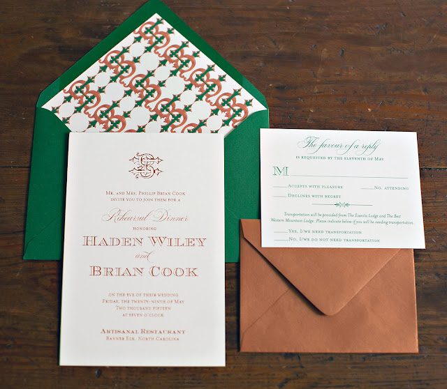 Copper and Hunter Green Wedding Invitation