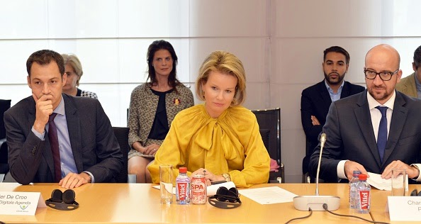 Telecom and Postal services Alexander De Croo, Queen Mathilde of Belgium and Belgian Prime Minister Charles Michel attend a meeting on the fight against child pornography on internet, organized by Child Focus