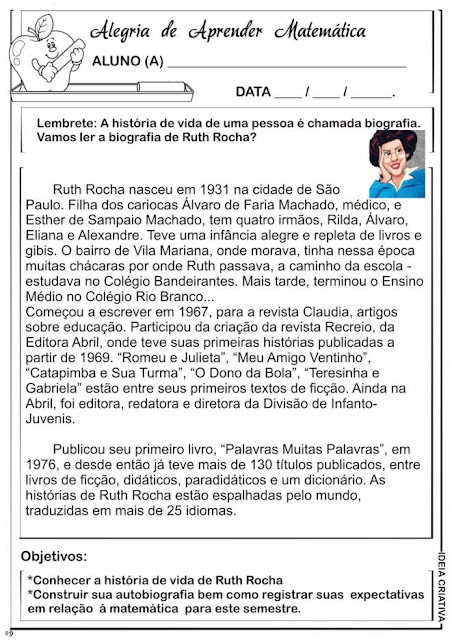 Atividade Matemática Explorando a Biografia de Ruth Rocha