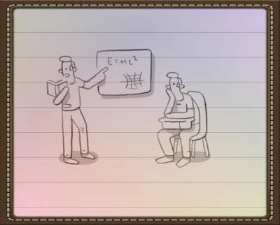 Teacher as cartoon teaching on blackboard.