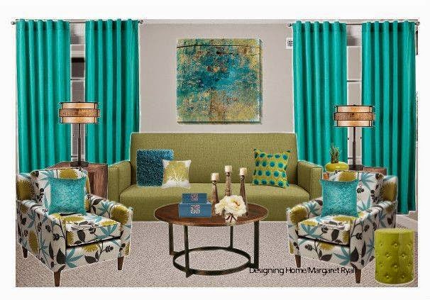 vibrant drapes, turquoise drapes, vibrant living room, Designing Home