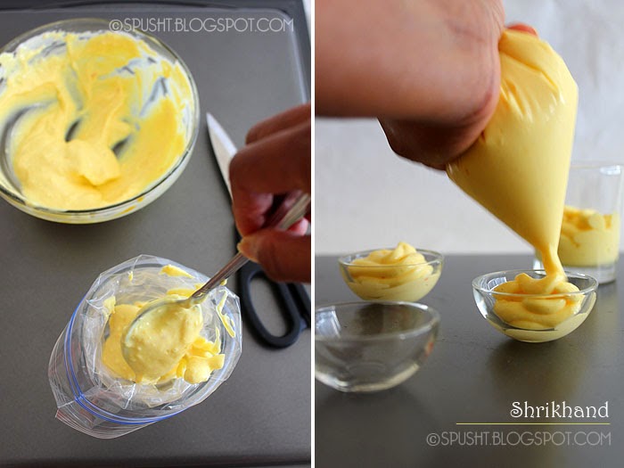 spusht | scoop shrikhand into ziploc bag, pipe it neatly into individual serving bowls