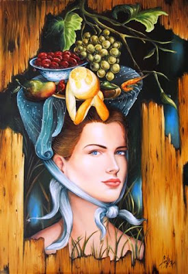 retrato de mujer con frutas al oleo