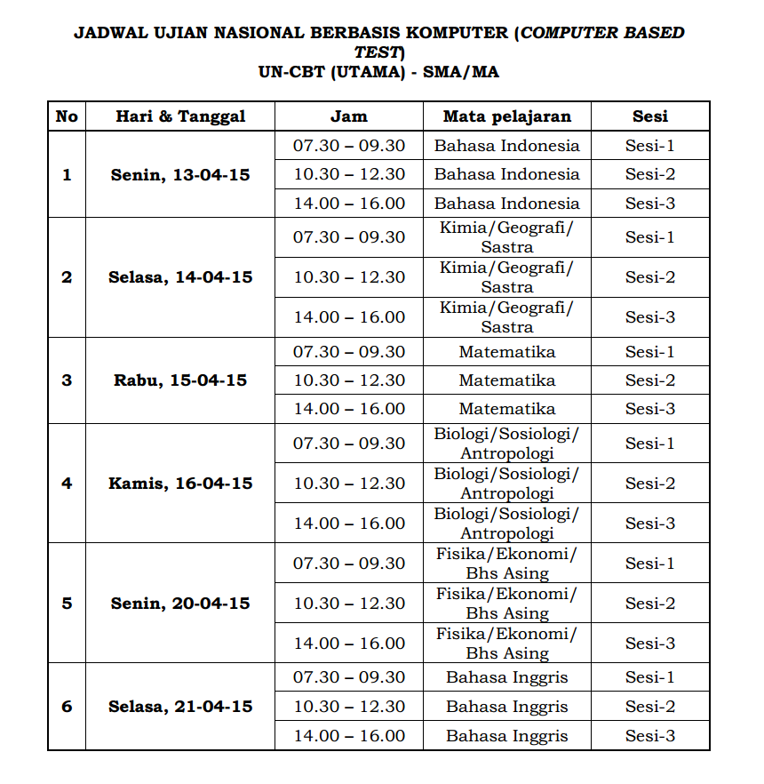 Jadwal UN Computer Based Test SMA/MA 2015