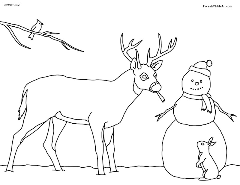 Coloring Book Page for Kids - Christmas Deer and Snowman title=
