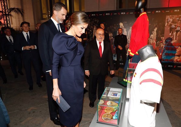 King Felipe. Queen Letizia wore DELPOZO flower embellished long-sleeved dress at As Sports Awards