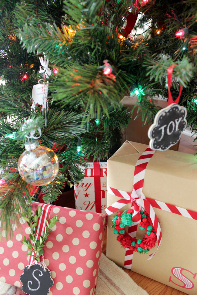 polka dot and brown paper Christmas presents