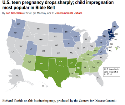 US map showing pregnancy rates with dark green states as high rates and dark blue as low, with shades in between, meeting at neutral gray