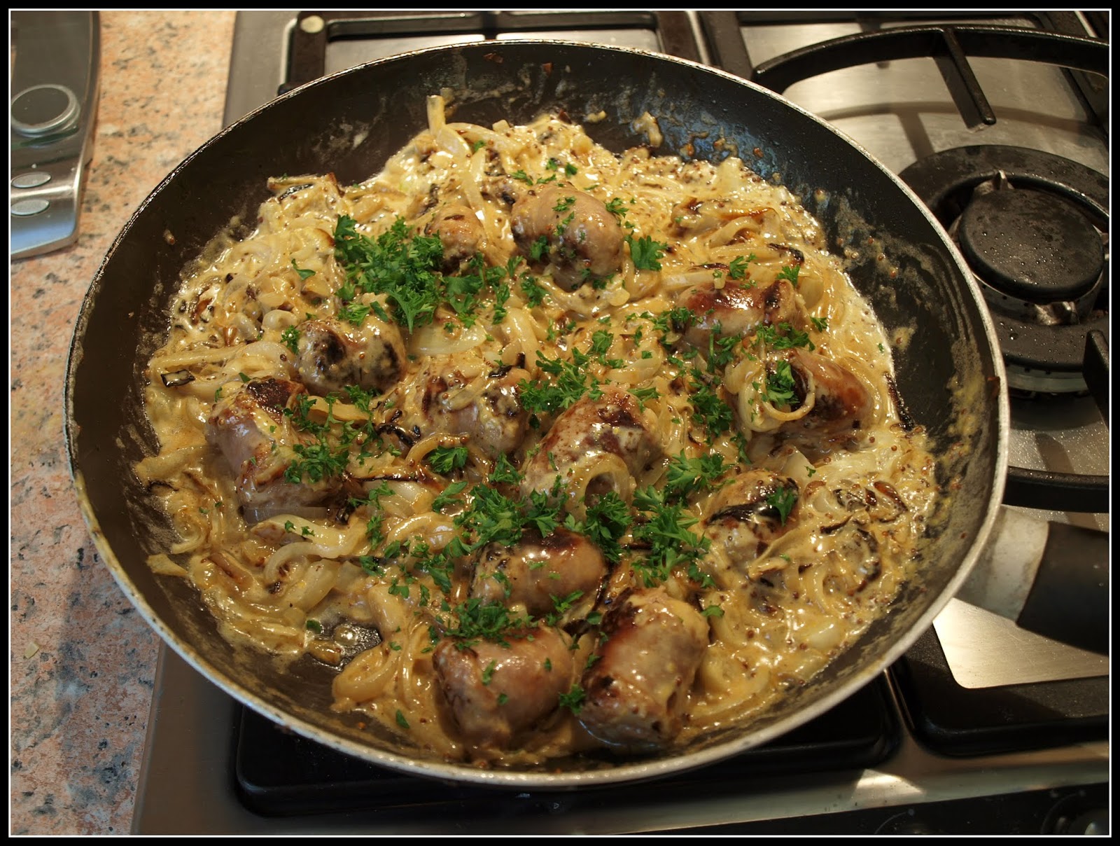 Mark's Veg Plot Sausages and onions in mustard sauce