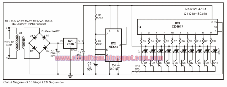 Build a 10 Output LED Sequencer Circuit Diagram | Electronic Circuits