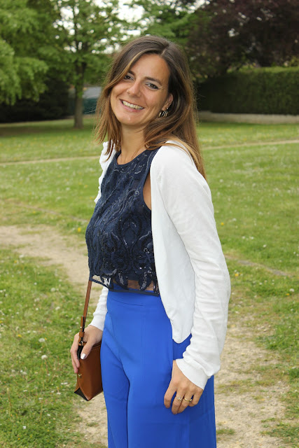 pantalon suncoo large bleu, top zara, les petites bulles de ma vie