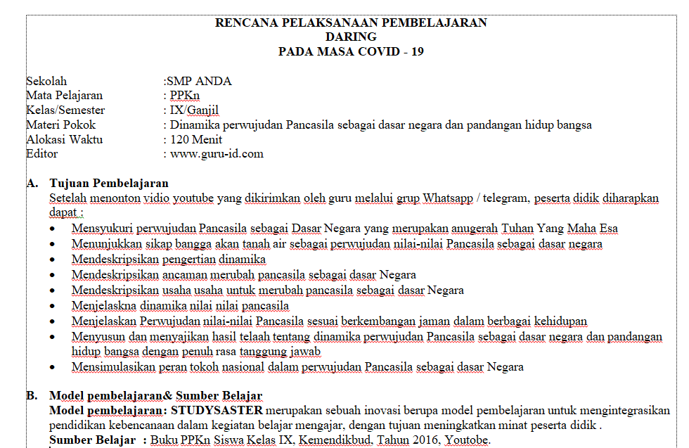 RPP daring PKN Kelas 9 Semester 1 Revisi terbaru 2021/2022 Modul Ajar