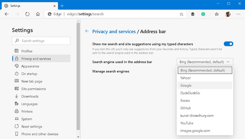 How to change default search engine in Microsoft Edge on Windows 10?