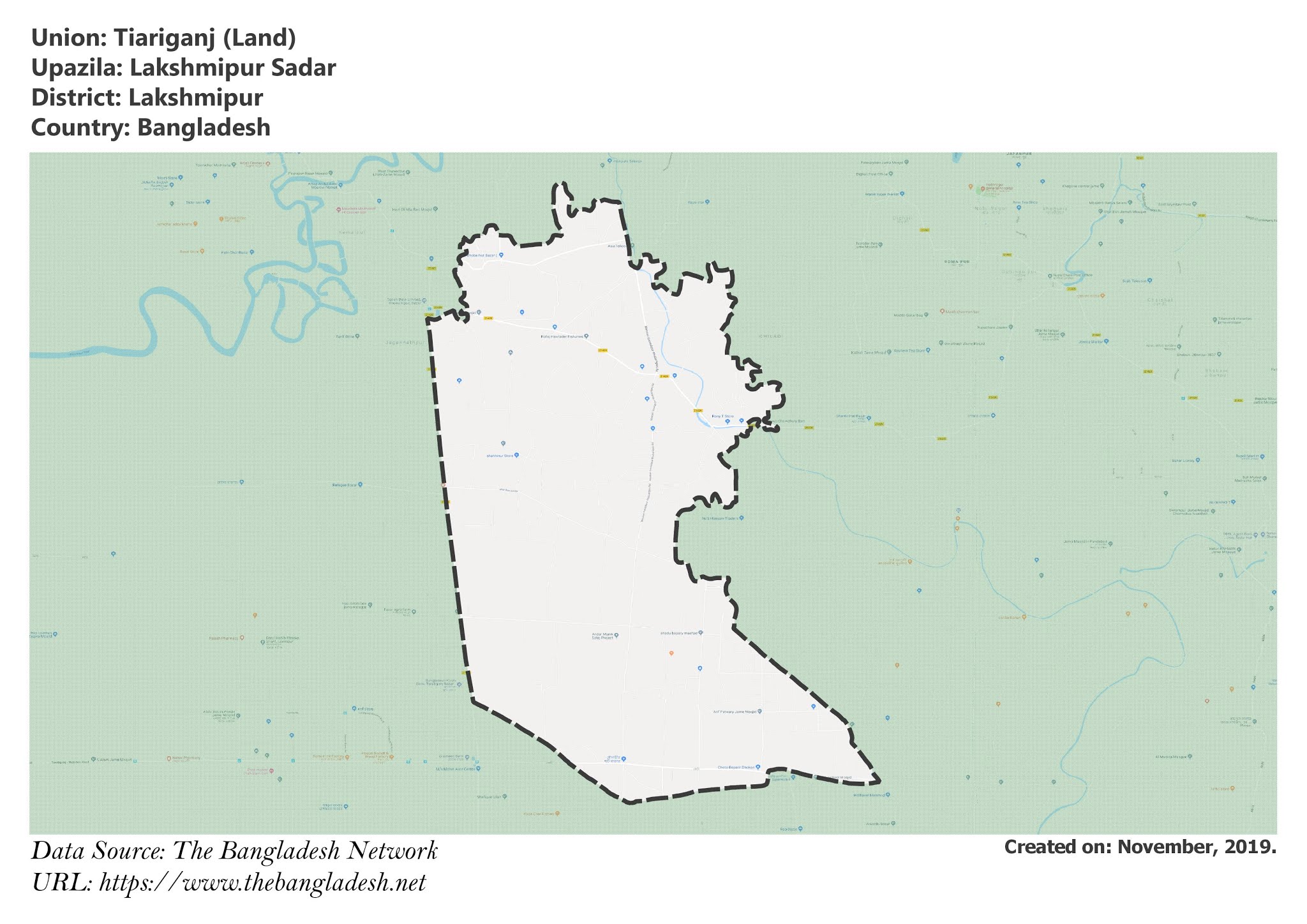 Map of Tiariganj of Lakshmipur, Bangladesh.
