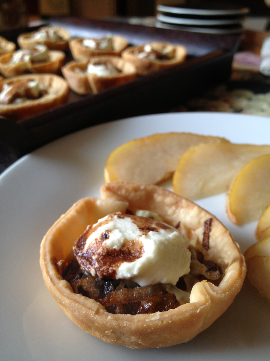 Image of Caramelized Onion and Chèvre Tartlets with Agrodolce sauce