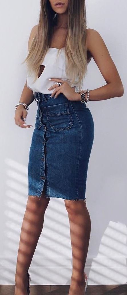 stylish outfit idea: top + denim skirt