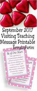 Be of One Heart this month and make your homes, neighborhoods, and communities draw a little closer to Zion this month with this printable visiting teaching message tag.  Take these tags to your Visiting Teaching sisters with a small bag of heart candies and share the Savior's words of love and support.