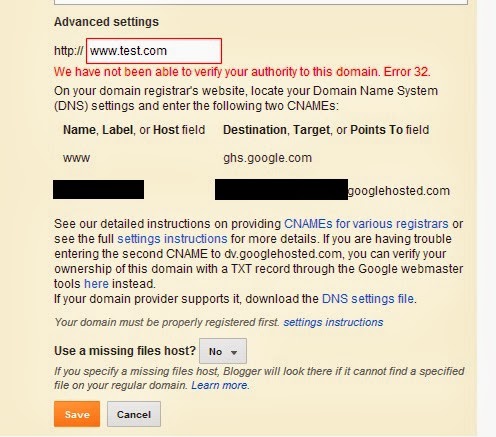 Screen Shot of Blogger.Com adding domain name and cname