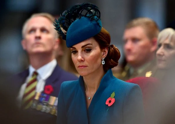 Kate Middleton wore Catherine Walker coat and Emmy London pumps, Kiki McDonough blue topaz diamond earrings